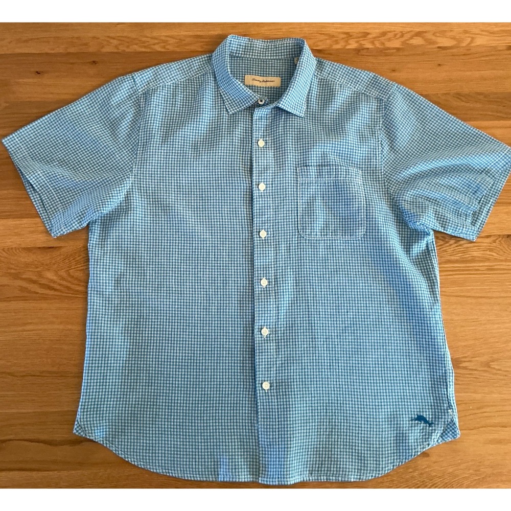 Tommy Bahama Mens Linen Blend Gingham‎ Shirt XL Blue Short Sleeve Button Down